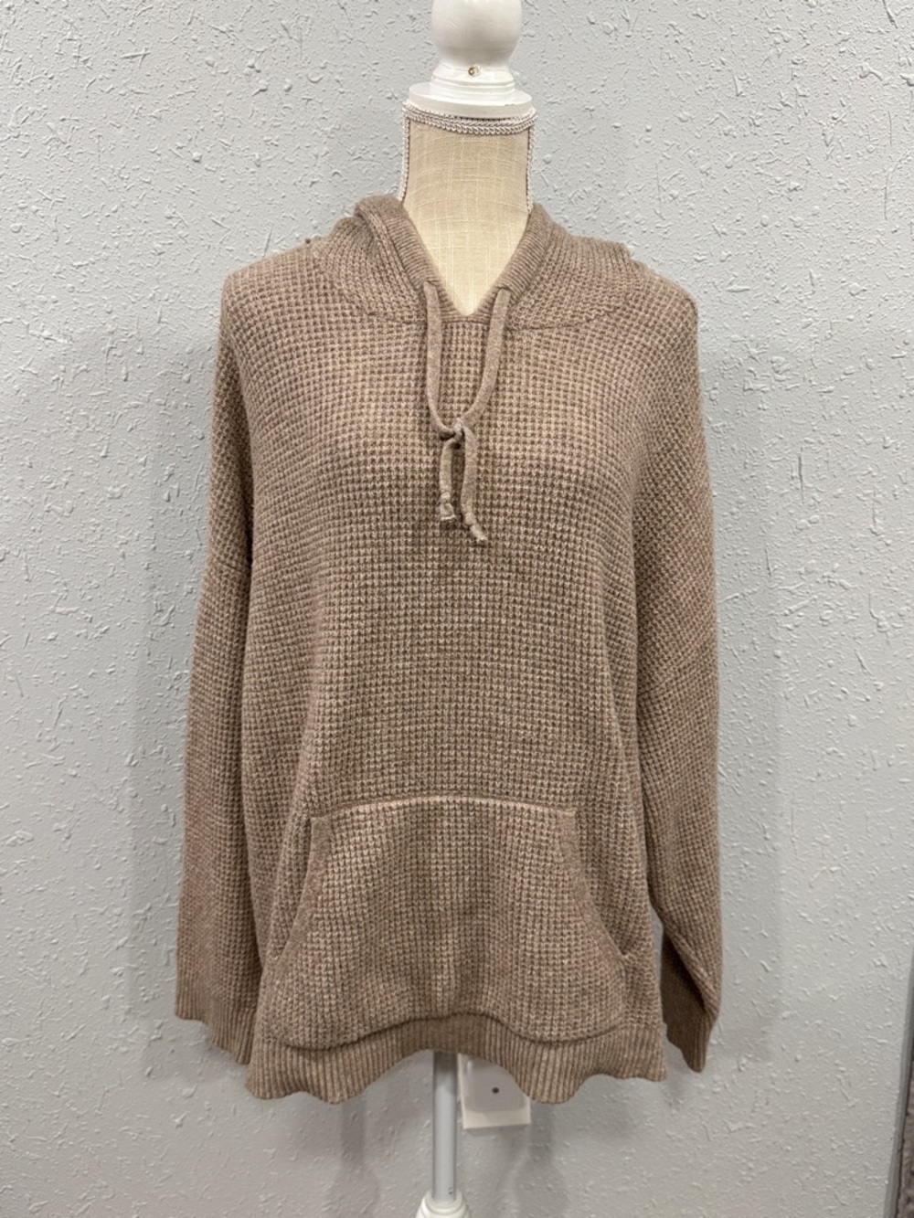 aerie Waffle-Knit Hooded Pullover Tan Size XL Boho